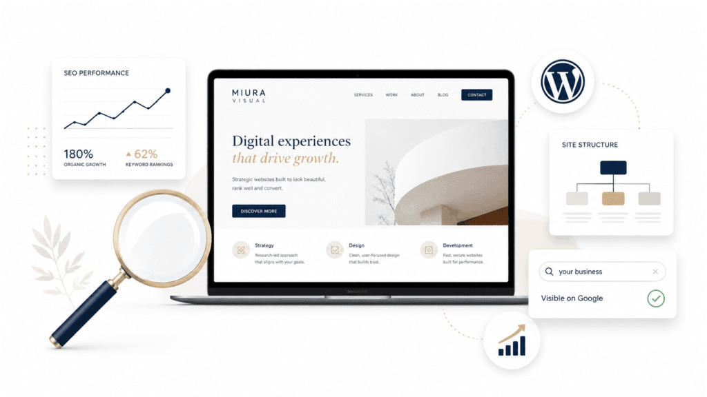 Miura Visual Insights | Content, SEO & Creator Growth 22 SEO and website workspace with laptop, analytics chart, WordPress icon and site structure elements on a white background