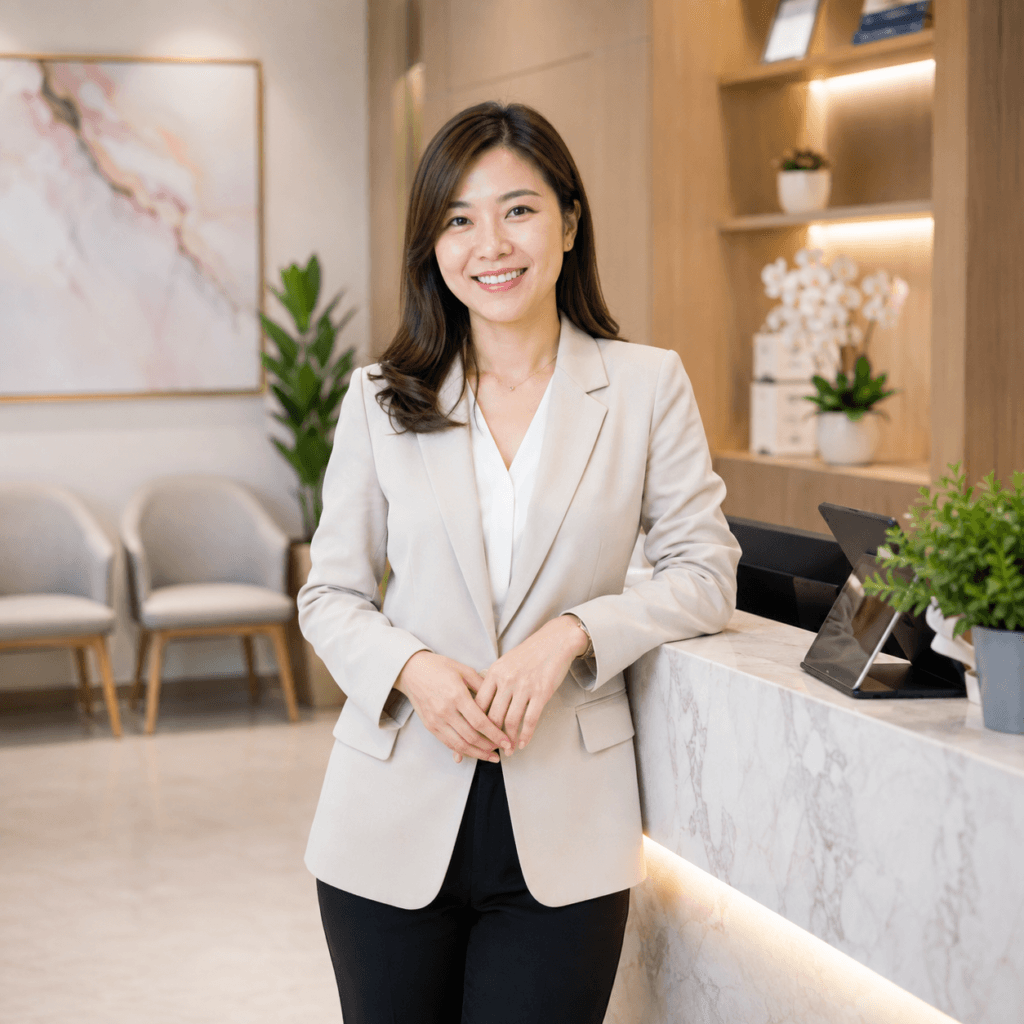 Smiling service business owner standing at a modern reception counter in a professional business environment.