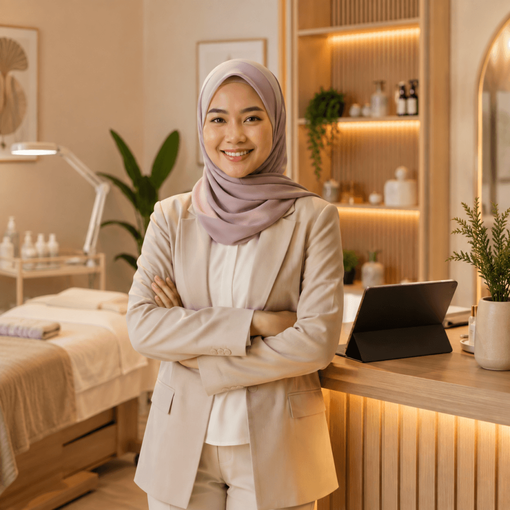 WordPress Website Maintenance Malaysia | Miura Visual 43 Smiling service business owner standing in a warm wellness studio with a professional business setting in the background