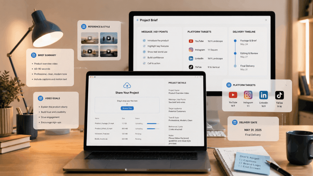 Video Editing Services Malaysia | Social & Short-Form Videos 36 Video editing project brief with footage upload, platform targets and delivery timeline