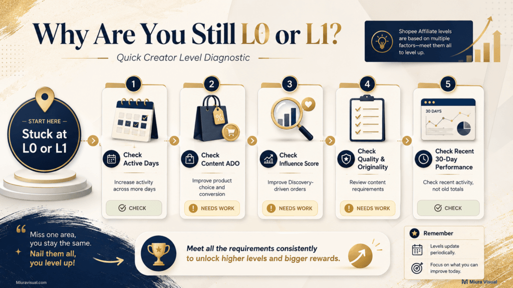 Shopee Affiliate Level Malaysia: How L0, L1 and L2 Work 4 Shopee Affiliate Level diagnostic showing what to check when stuck at L0 or L1
