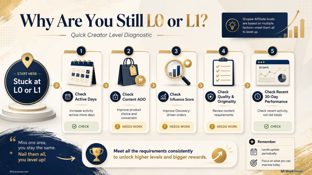 Shopee Affiliate Level diagnostic showing what to check when stuck at L0 or L1