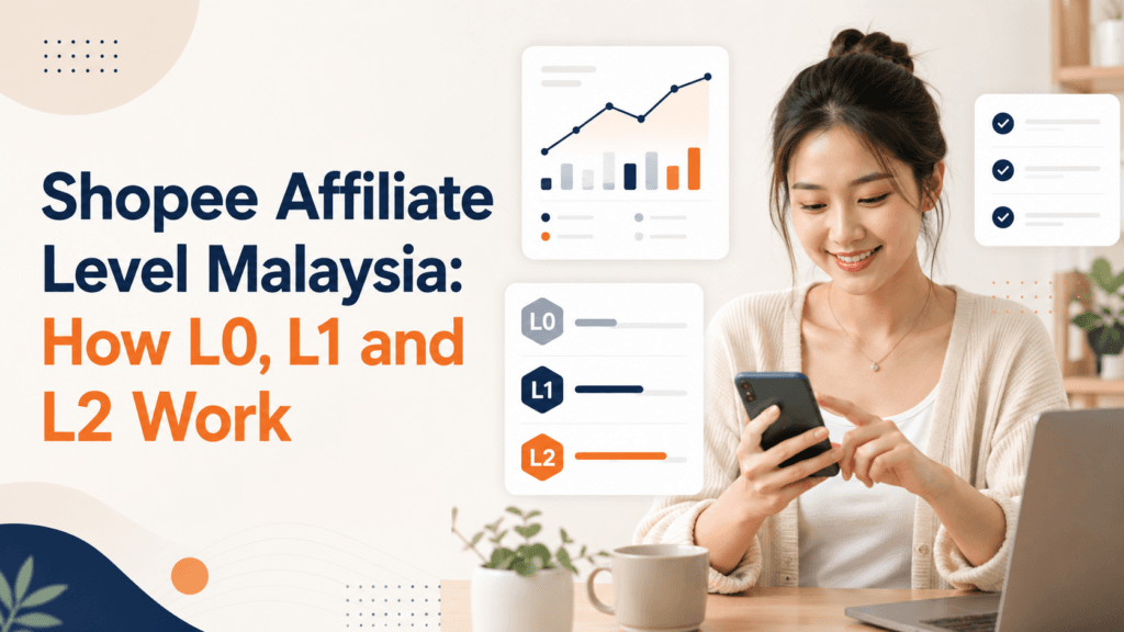 Shopee Affiliate Level Malaysia: How L0, L1 and L2 Work 1 Shopee Affiliate Level Malaysia hero image featuring a Malaysian Chinese creator with creator level dashboard visuals