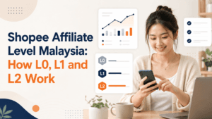 Shopee Affiliate Level Malaysia hero image featuring a Malaysian Chinese creator with creator level dashboard visuals