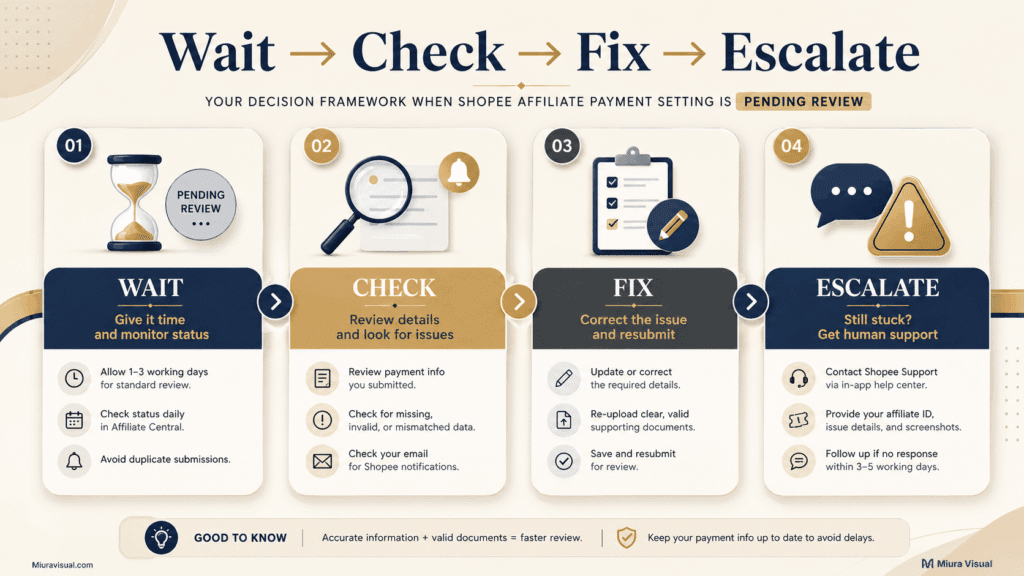 Why Is My Shopee Affiliate Payment Setting Pending Review? 6 Wait, check, fix and escalate framework for Shopee Affiliate payment setting pending review