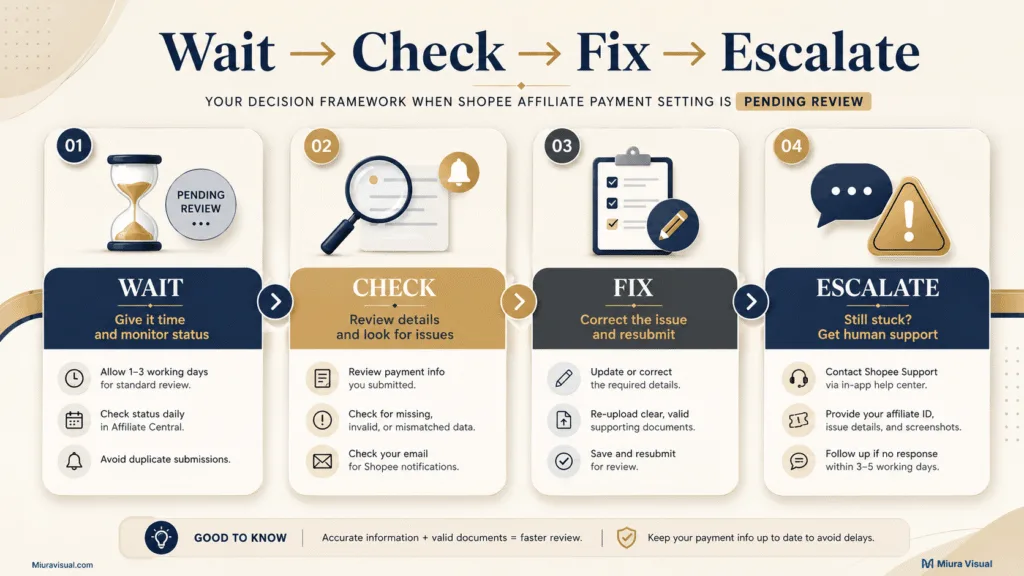 Why Is My Shopee Affiliate Payment Setting Pending Review? 6 Wait, check, fix and escalate framework for Shopee Affiliate payment setting pending review