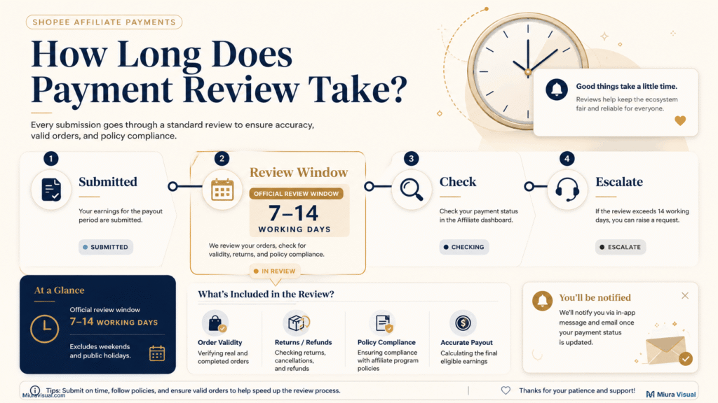 Why Is My Shopee Affiliate Payment Setting Pending Review? 5 Shopee Affiliate payment review timeline showing submission, 7 to 14 working days, checking and escalation