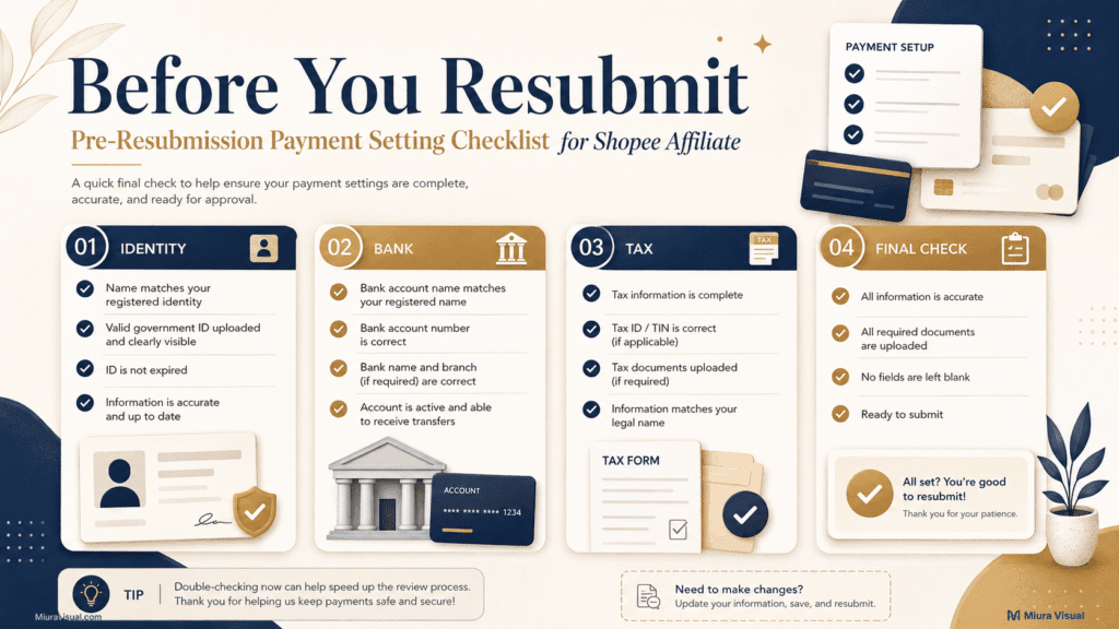 Why Is My Shopee Affiliate Payment Setting Pending Review? 9 Shopee Affiliate payment setting checklist for identity, bank, tax and final checks before resubmitting