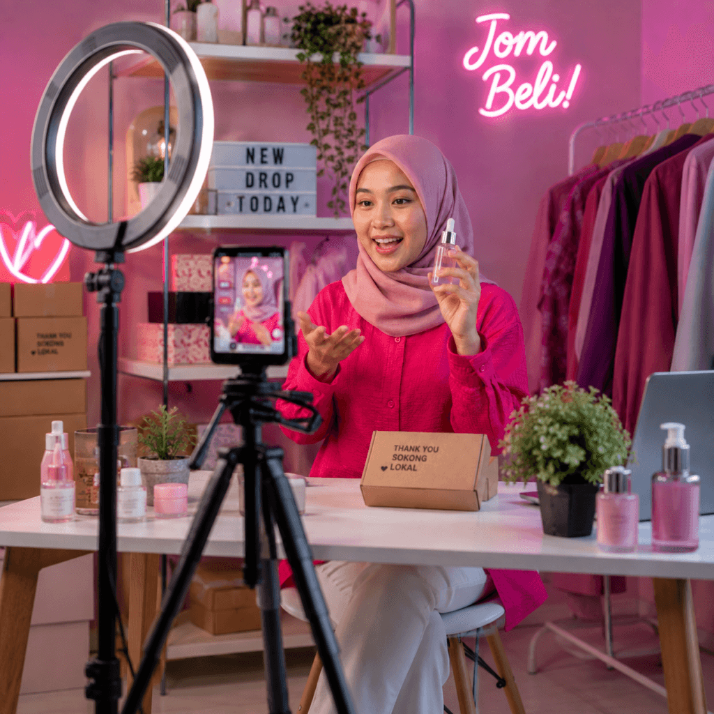 Videography Services Malaysia | Product & Business Videos 6 Local content creator filming a short-form beauty product video in a pink studio setup for social media in Malaysia