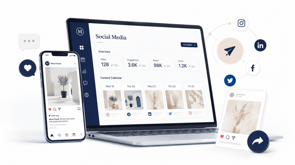 Miura Visual Insights | Content, SEO & Creator Growth 25 Social media dashboard with laptop, smartphone, platform icons and content calendar on a white background
