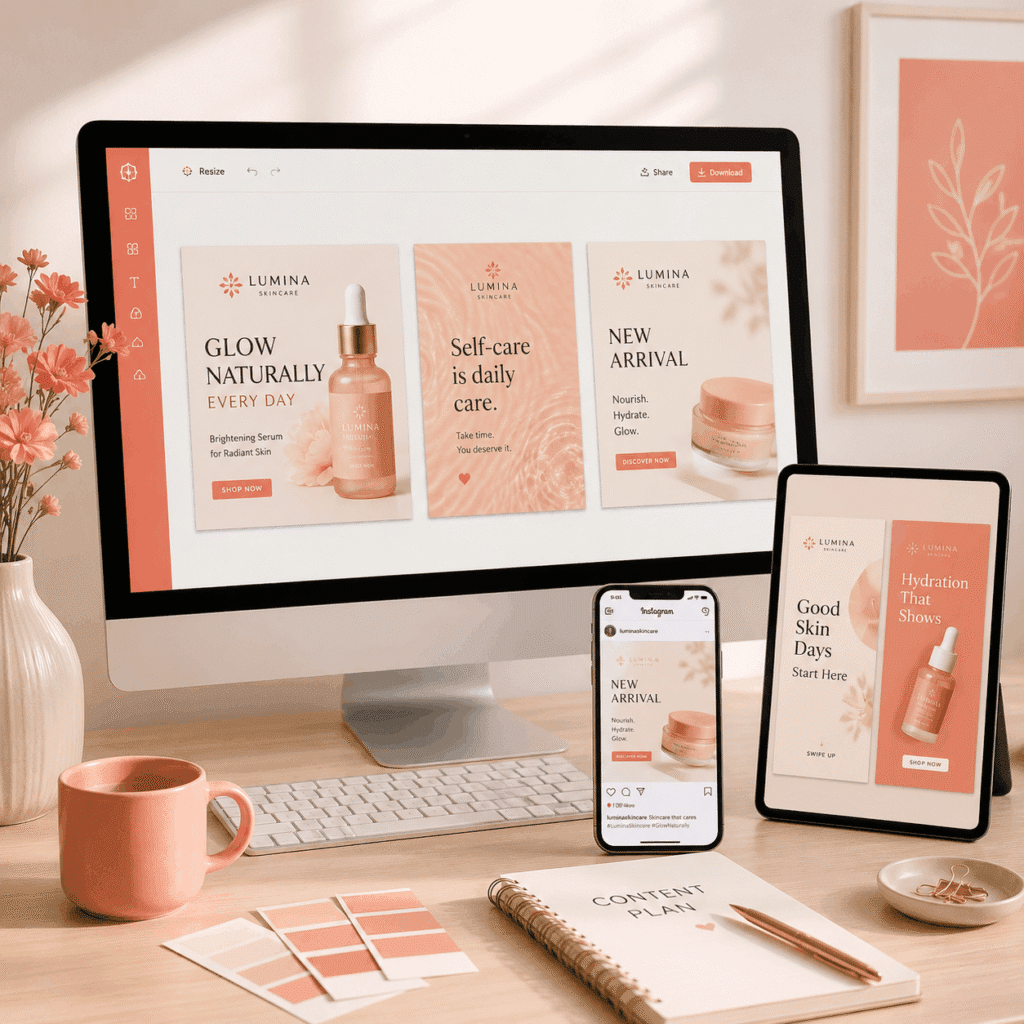 Social media graphic design workspace with branded product post and story visuals