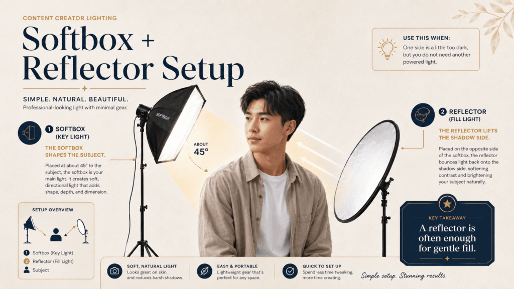 How Should You Build a Content Creator Lighting Setup? 5 Softbox positioned around 45 degrees from a Malaysian Chinese model with a reflector on the opposite side to provide gentle fill light.