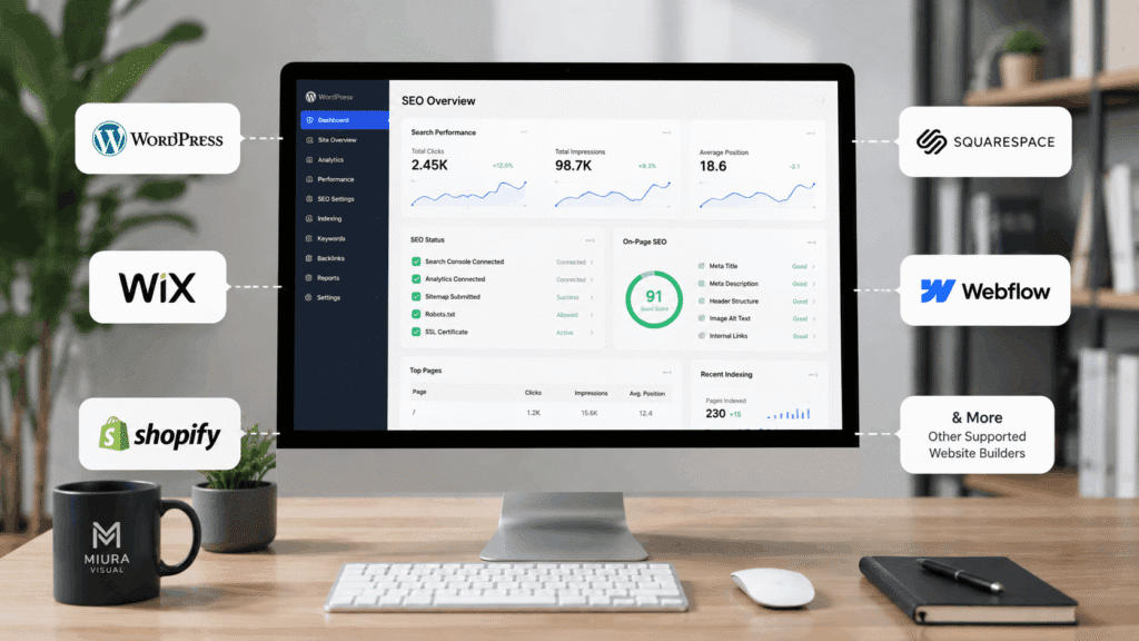 Desktop monitor displaying SEO settings with WordPress, Wix, Shopify, Squarespace and Webflow platform logos.