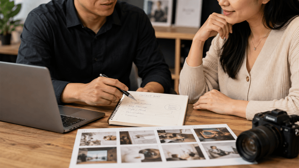 Photography Services Malaysia | Business, Product & Event 37 Client and photographer discussing a project brief with reference images and photography requirements