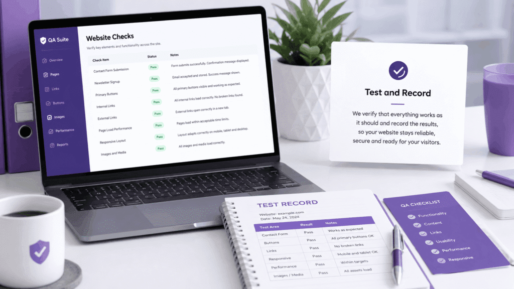 WordPress Website Maintenance Malaysia | Miura Visual 37 Website testing dashboard showing quality checks, recorded results and QA checklist