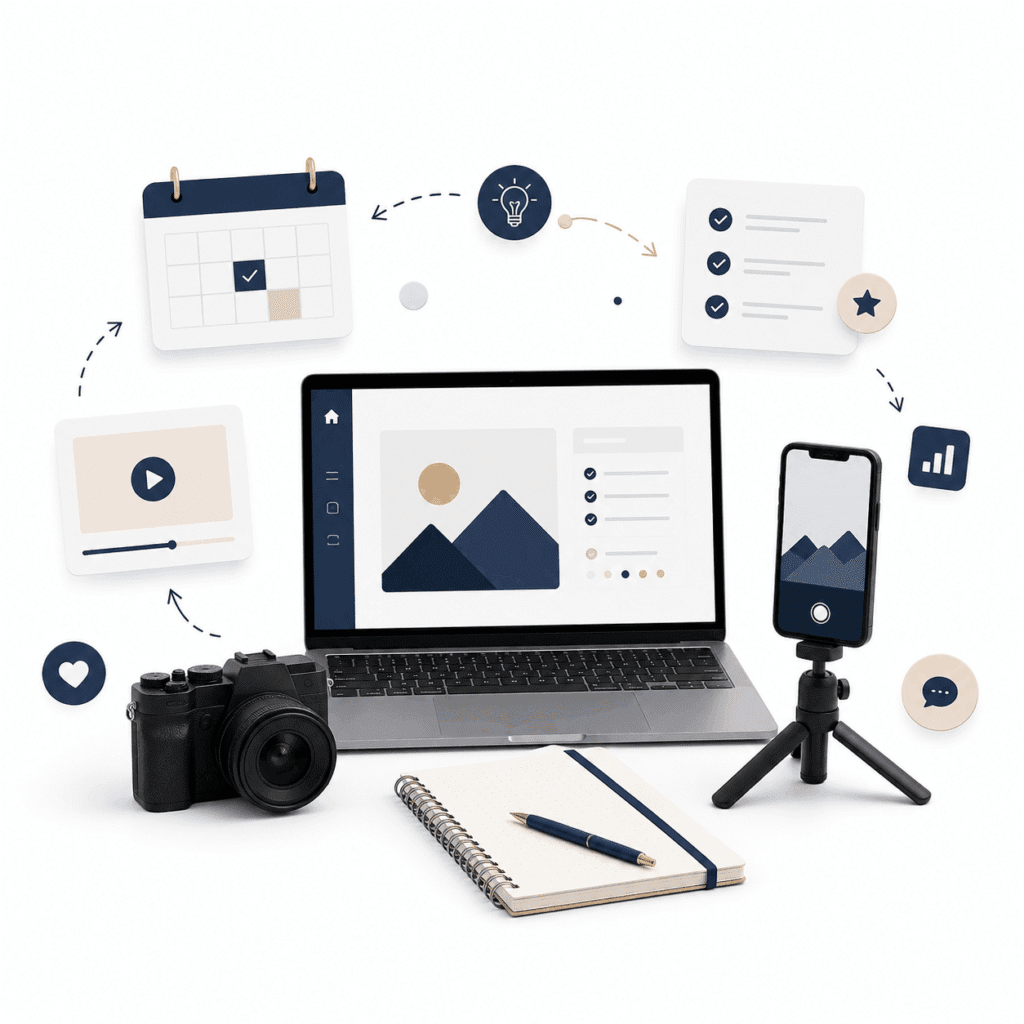 Brand & Creator Economy | SEO, Affiliate & Growth 23 Creator tools and gear with camera, laptop, microphone and editing equipment