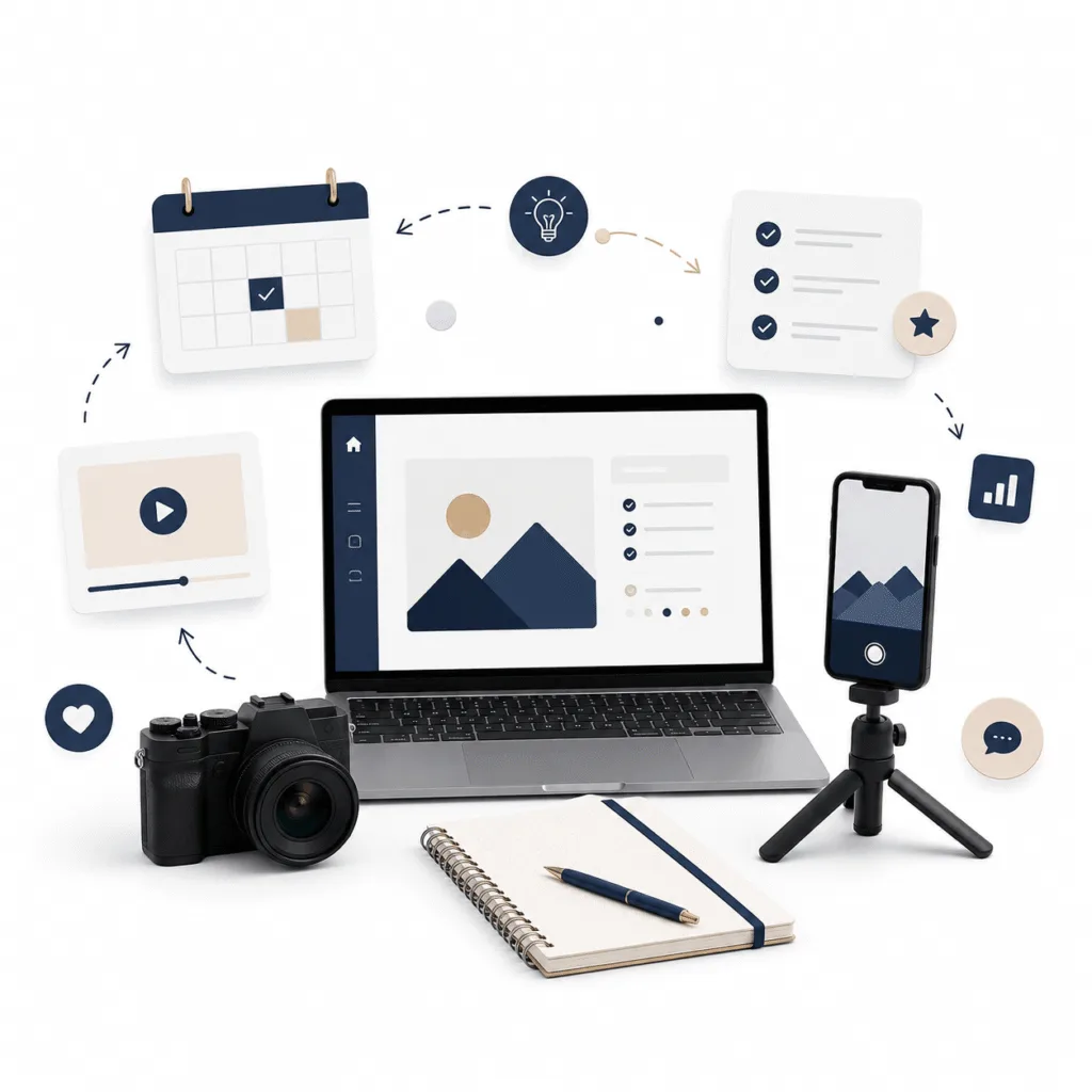 Creator tools and gear with camera, laptop, microphone and editing equipment