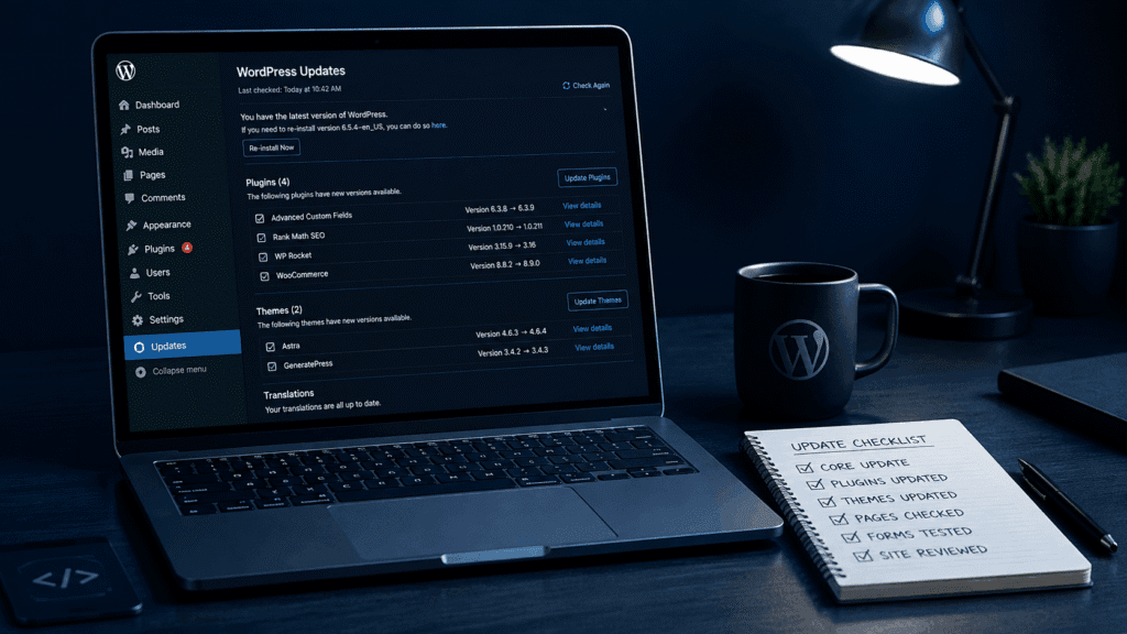 WordPress Website Maintenance Malaysia | Miura Visual 36 WordPress updates dashboard showing plugin and theme updates with update review checklist