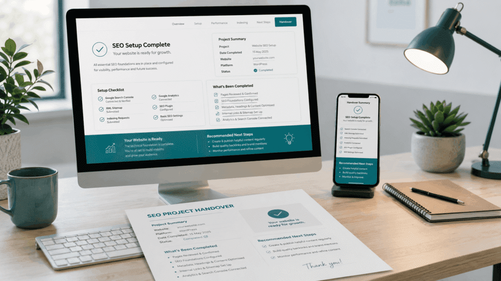 Desktop monitor and phone showing a completed SEO setup summary, project checklist and recommended next steps.