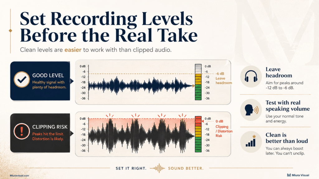 How to Improve Audio Recording for Video Before Editing 6 Good recording level compared with audio clipping when setting levels for video recording