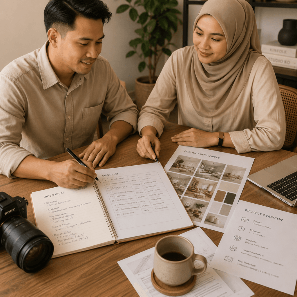 Videography Services Malaysia | Product & Business Videos 10 Local Malaysian team reviewing a video brief, shot list and visual references before a videography project