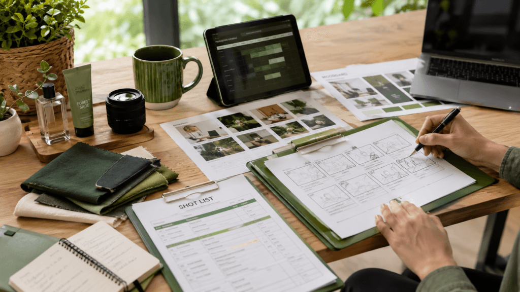 Videography Services Malaysia | Product & Business Videos 38 Video content preparation with storyboard, shot list, moodboard and production schedule arranged on a creative desk