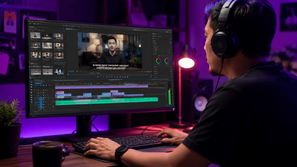 Videography Services Malaysia | Product & Business Videos 40 Local video editor reviewing footage, subtitles, audio and editing timeline at a professional workstation