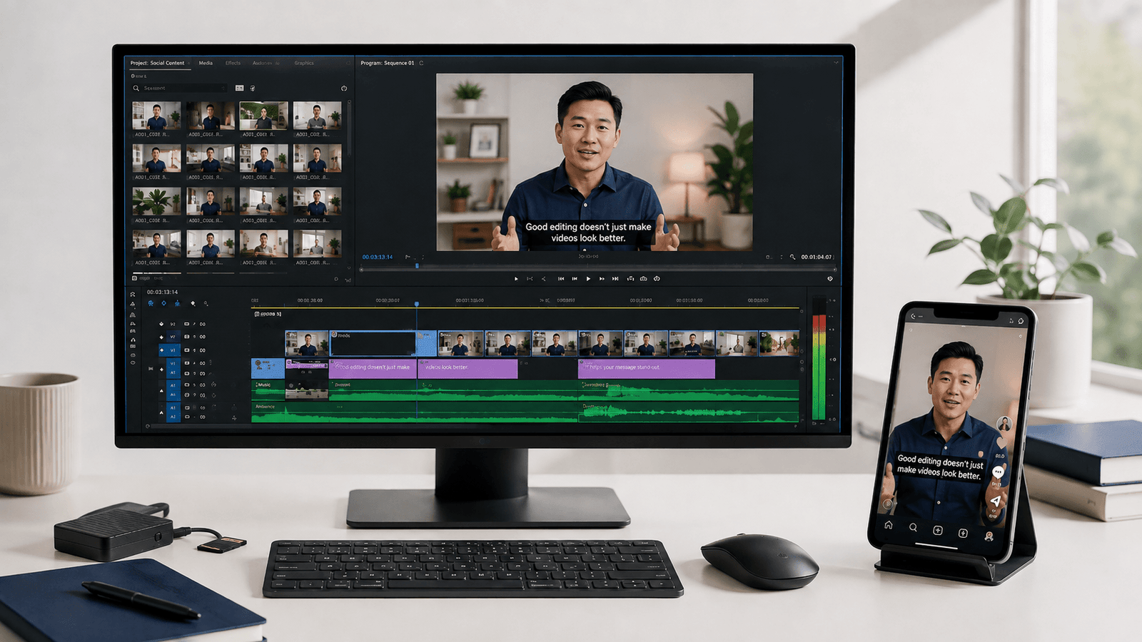 Video Editing Services Malaysia | Social & Short-Form Videos 2 Video editing services Malaysia workspace with social media editing timeline and local Chinese creator