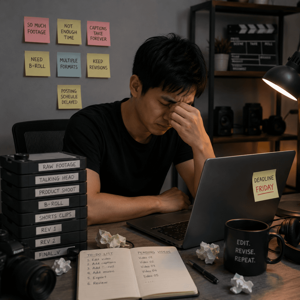 Video Editing Services Malaysia | Social & Short-Form Videos 3 video editing workload painpoint malaysia | Miura Visual