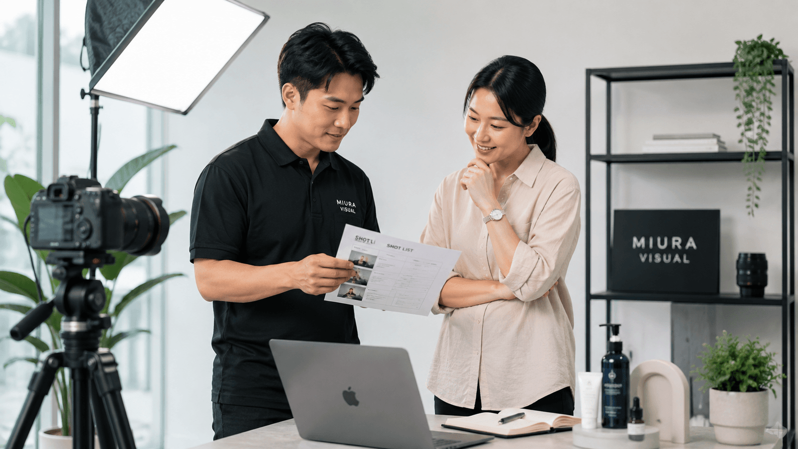 Videography Services Malaysia | Product & Business Videos 2 Local Malaysian Chinese videographer reviewing a shot list with a business client in a professional studio setup