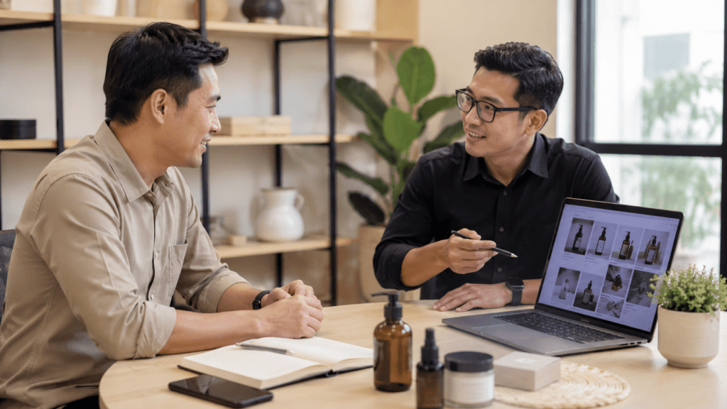 Videography Services Malaysia | Product & Business Videos 36 Local business owner discussing product video requirements with a videographer during an initial project consultation