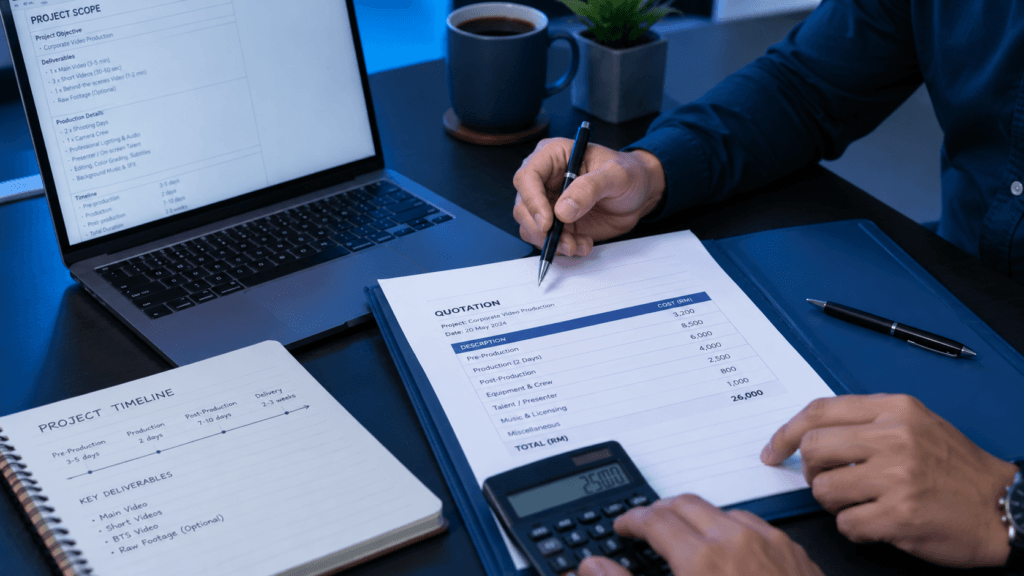 Videography Services Malaysia | Product & Business Videos 37 Videography project scope, quotation, production timeline and deliverables being reviewed at a desk