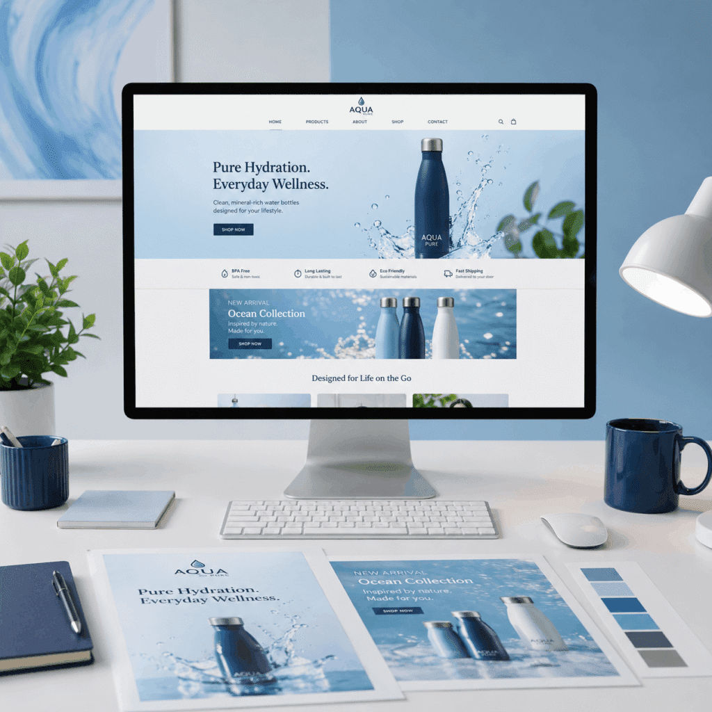 Graphic Design Services Malaysia | Miura Visual 7 Website graphic design workspace with product website banner and page visuals