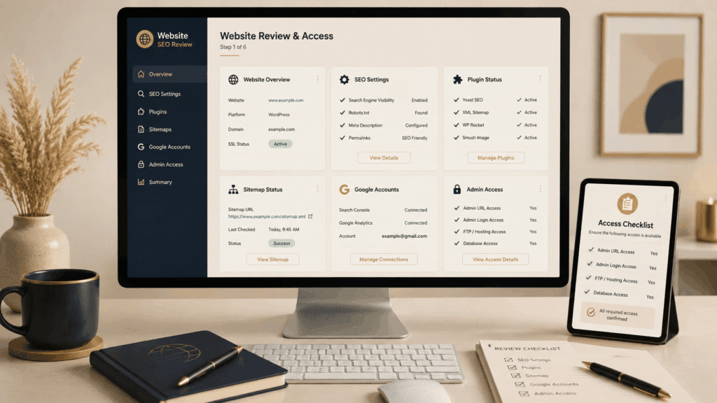 Desktop monitor and tablet showing website platform, SEO settings, Google account connections and administrative access checks.
