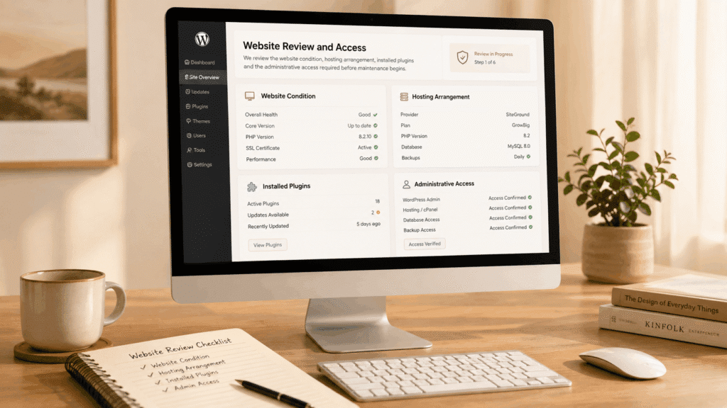 WordPress Website Maintenance Malaysia | Miura Visual 33 WordPress website review dashboard showing website condition, hosting details and administrative access