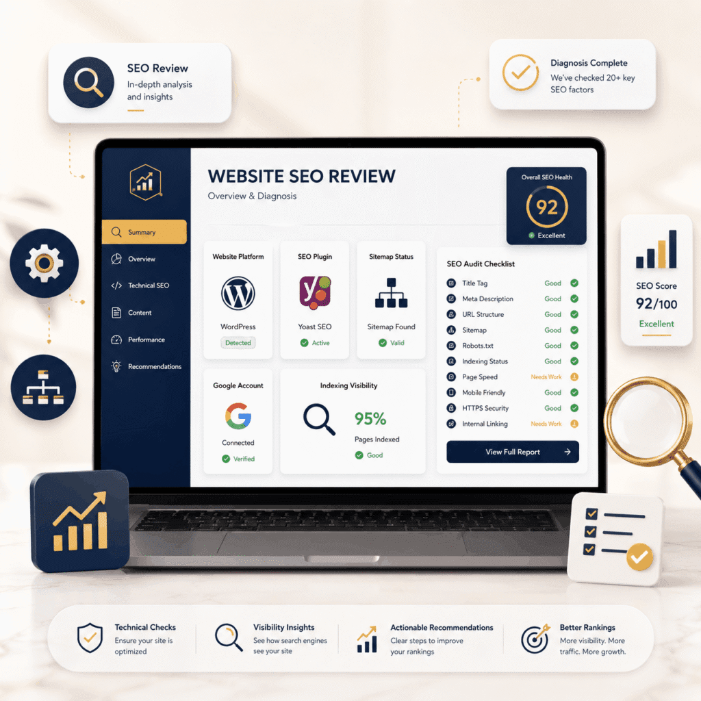 Laptop displaying a website SEO review dashboard with plugin, sitemap, indexing and website health checks.