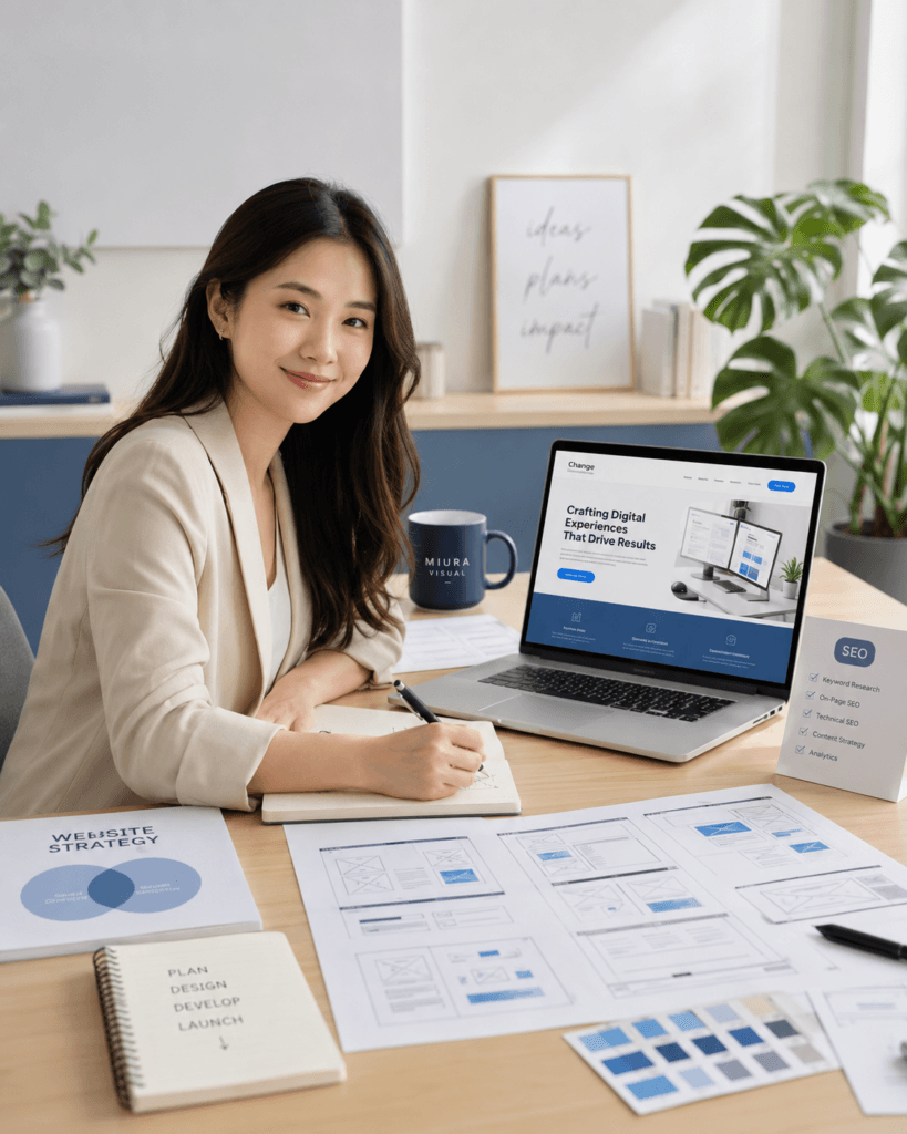 Digital Presence Malaysia | Website, SEO & Support 36 Female website strategist planning a WordPress website with wireframes, SEO notes, laptop and brand planning materials on a desk.