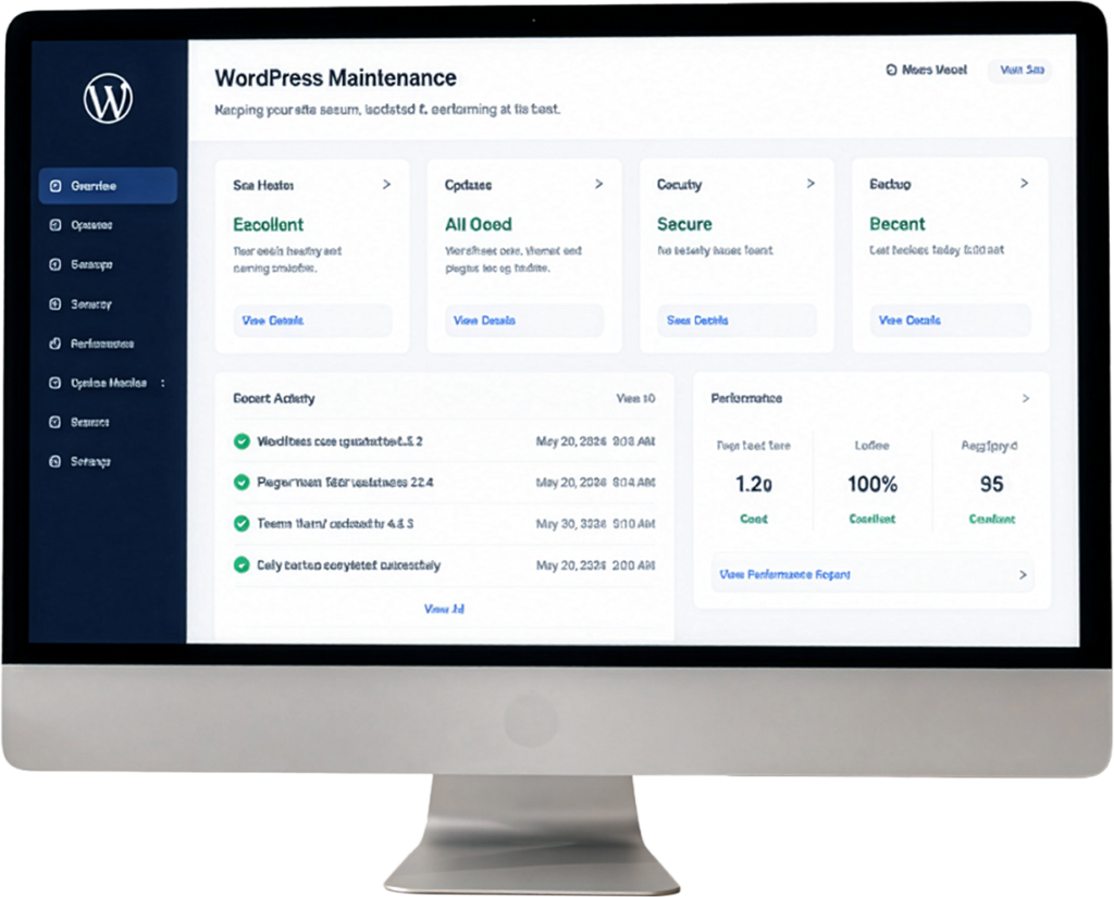 WordPress Website Maintenance Malaysia | Miura Visual 1 WordPress website care dashboard with maintenance checklist in a warm professional workspace