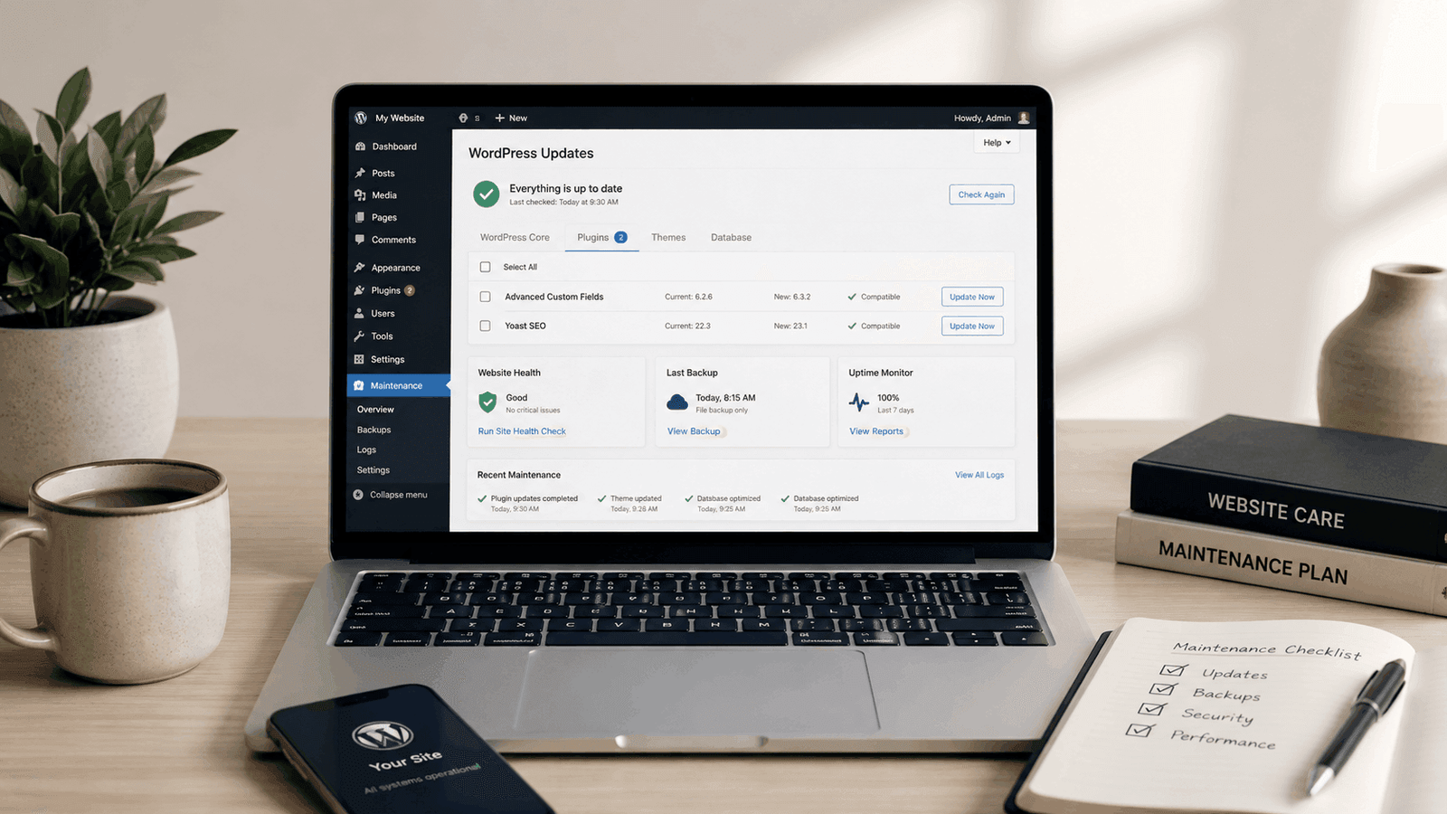WordPress Website Maintenance Malaysia | Miura Visual 2 WordPress website maintenance dashboard showing plugin updates, backup status and website health checks