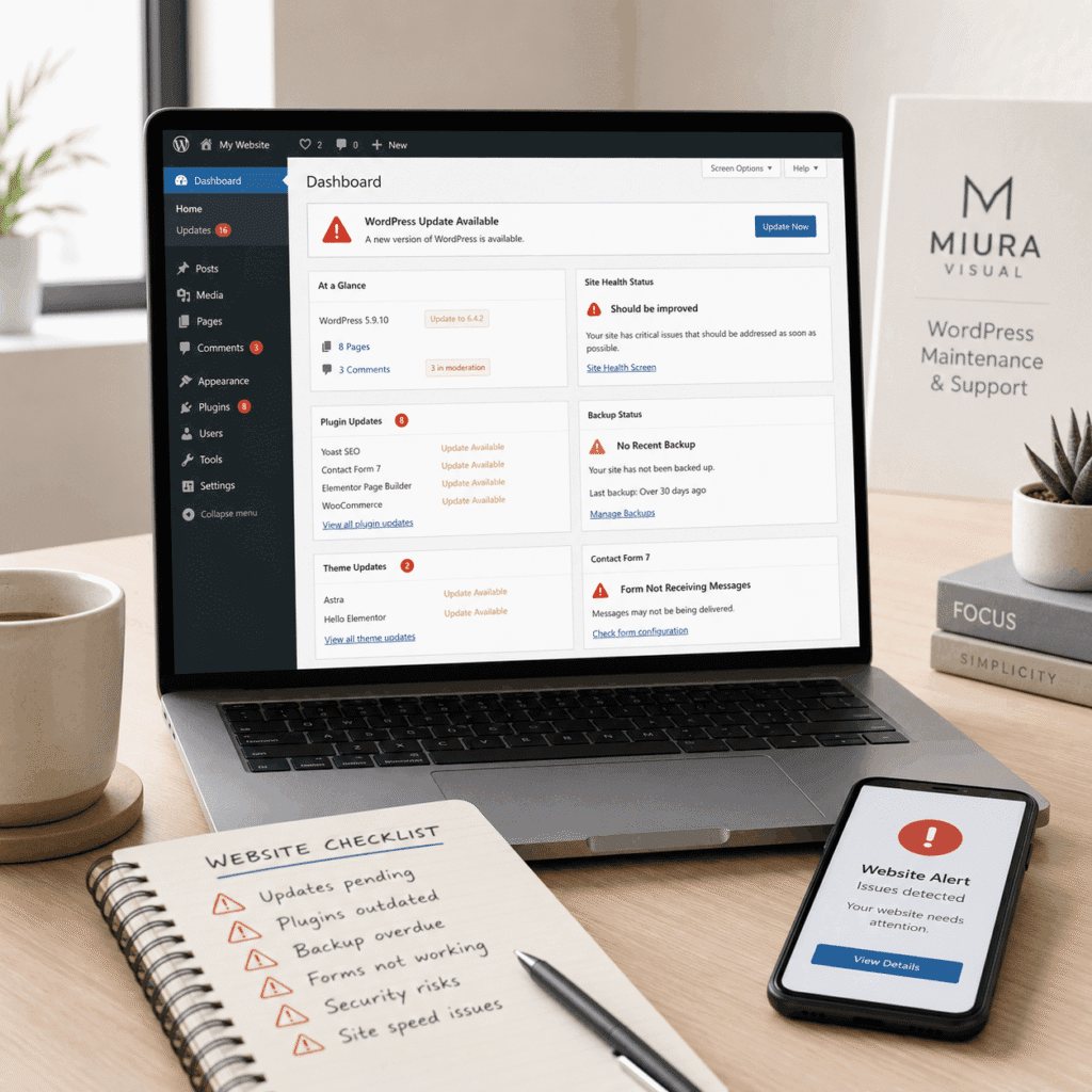 WordPress Website Maintenance Malaysia | Miura Visual 3 WordPress dashboard showing pending updates, overdue backup and contact form issues