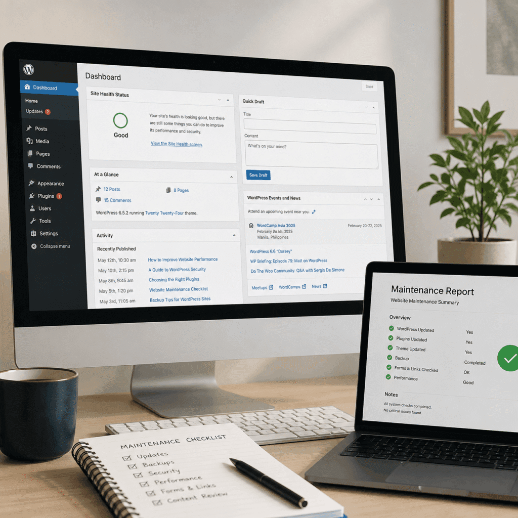 WordPress Website Maintenance Malaysia | Miura Visual 39 WordPress dashboard with website maintenance report, completed updates and checklist