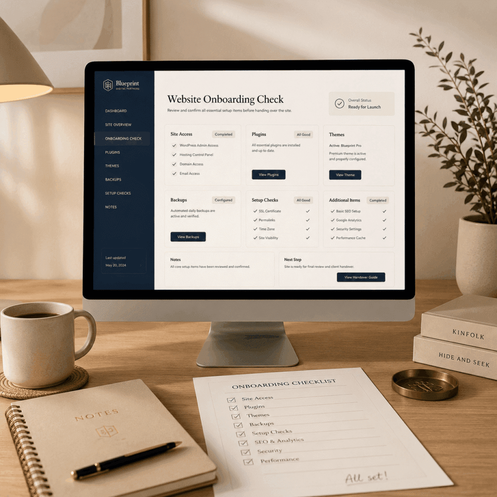 WordPress Website Maintenance Malaysia | Miura Visual 7 WordPress website onboarding dashboard reviewing access, plugins, themes and backup setup