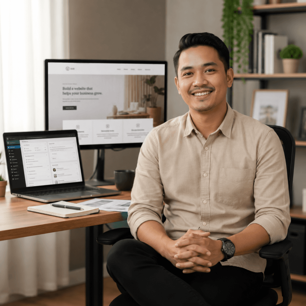 WordPress Website Maintenance Malaysia | Miura Visual 40 Smiling website owner seated in a modern office with a WordPress website and maintenance dashboard in the background