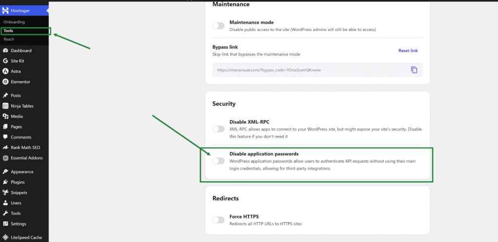 Hostinger Tools showing the Disable application passwords setting turned off
