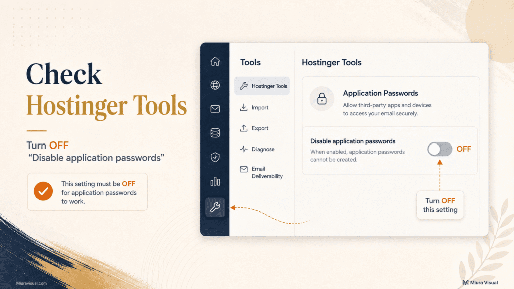 Hostinger Tools setting showing Disable application passwords turned off in WordPress
