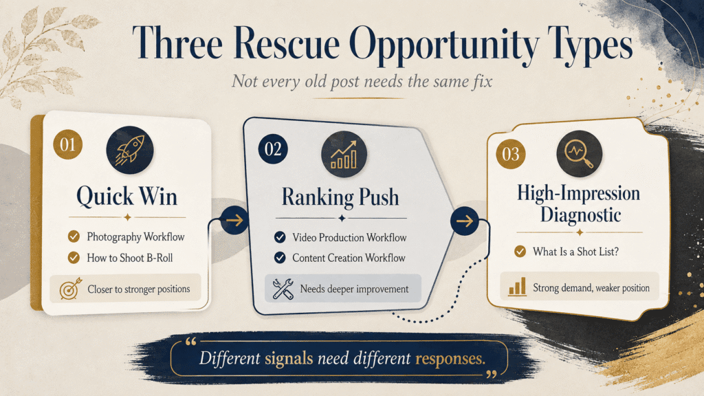 Update Old Blog Posts or Write New Ones? | Miura Visual 3 Editorial infographic showing three rescue opportunity types for old blog posts: Quick Win, Ranking Push, and High-Impression Diagnostic