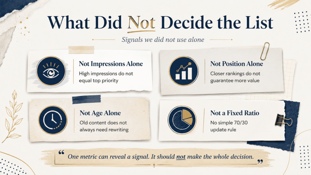 Update Old Blog Posts or Write New Ones? | Miura Visual 5 Infographic showing what did not decide the list of blog posts to update, including impressions, position, age, and fixed ratio
