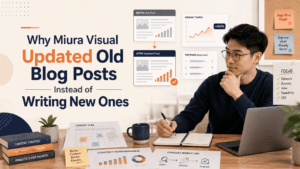 Modern editorial hero image about update old blog posts or write new ones at Miura Visual