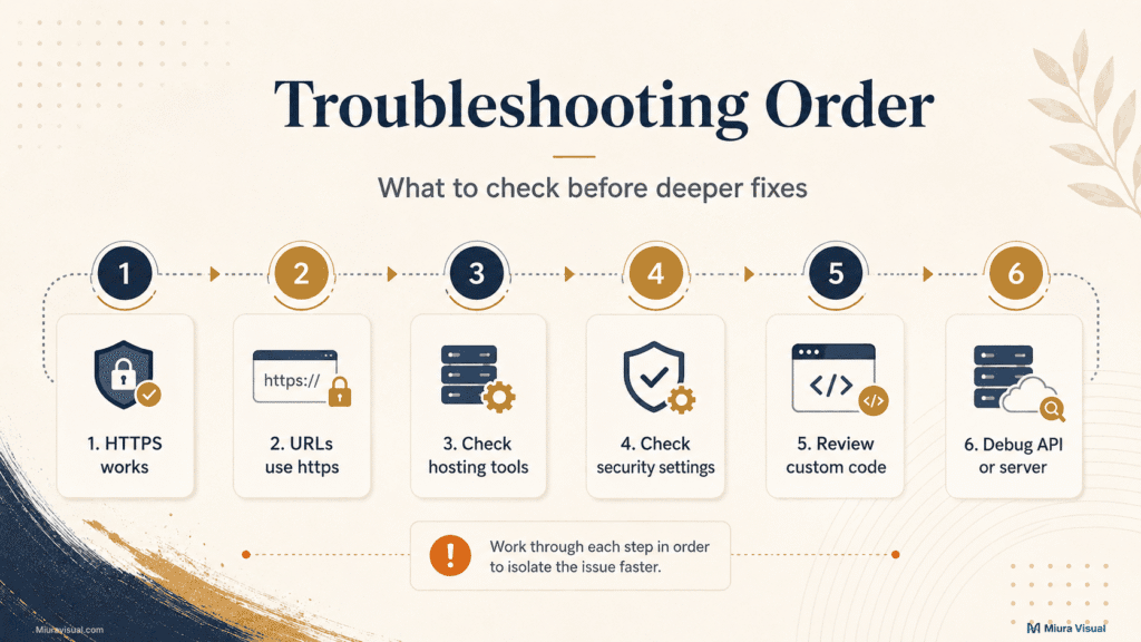 Six-step troubleshooting order for a WordPress Application Password that is not showing