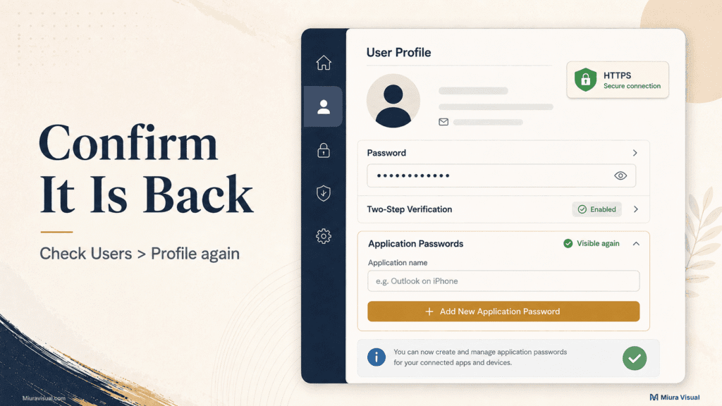 WordPress user profile showing the Application Passwords section available again after the fix